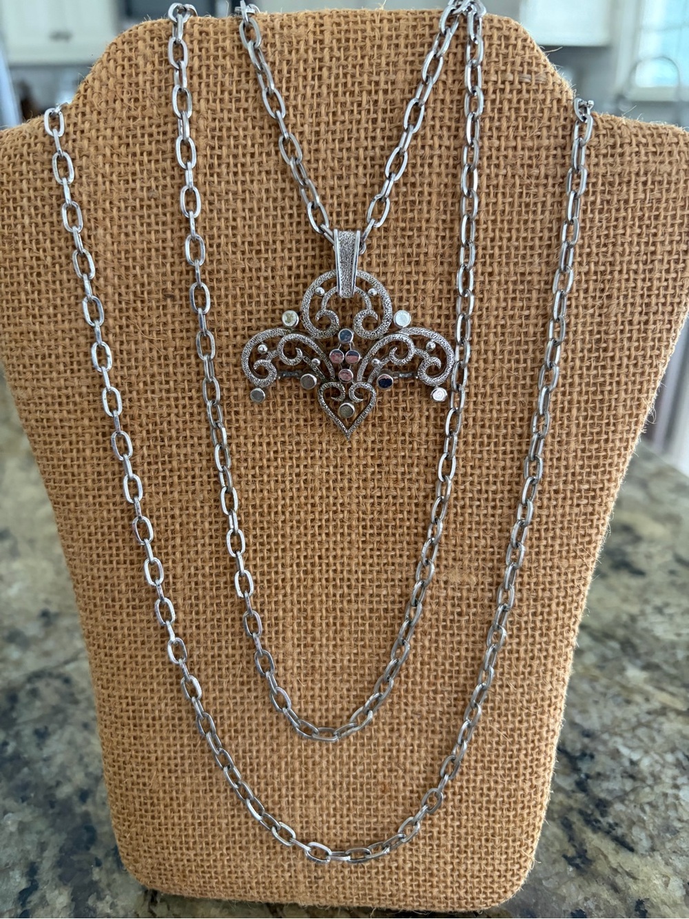 VTG Crown Trifari Filigree Silver Tone Pendant  Necklace Triple Strand 1950’s